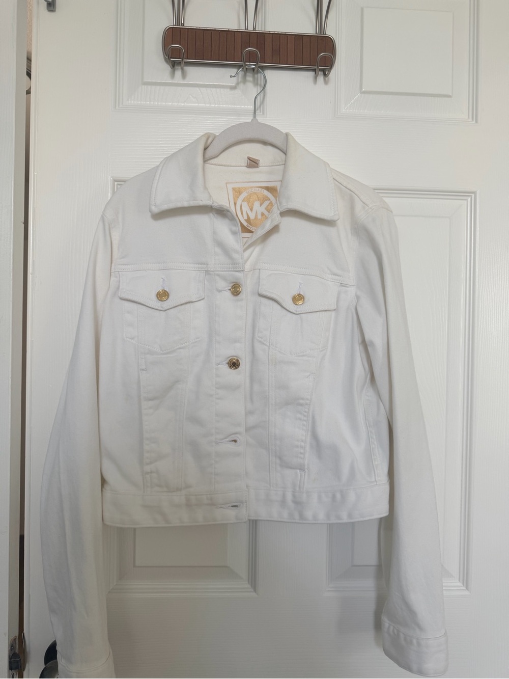 Michael Kors White Cropped Denim Trucker Jacket with Gold Buttons